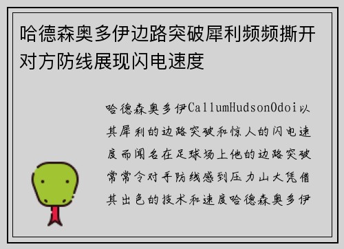 哈德森奥多伊边路突破犀利频频撕开对方防线展现闪电速度