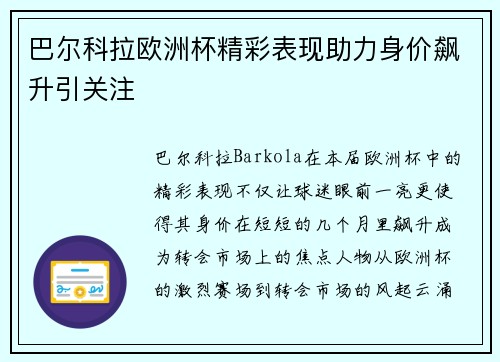 巴尔科拉欧洲杯精彩表现助力身价飙升引关注